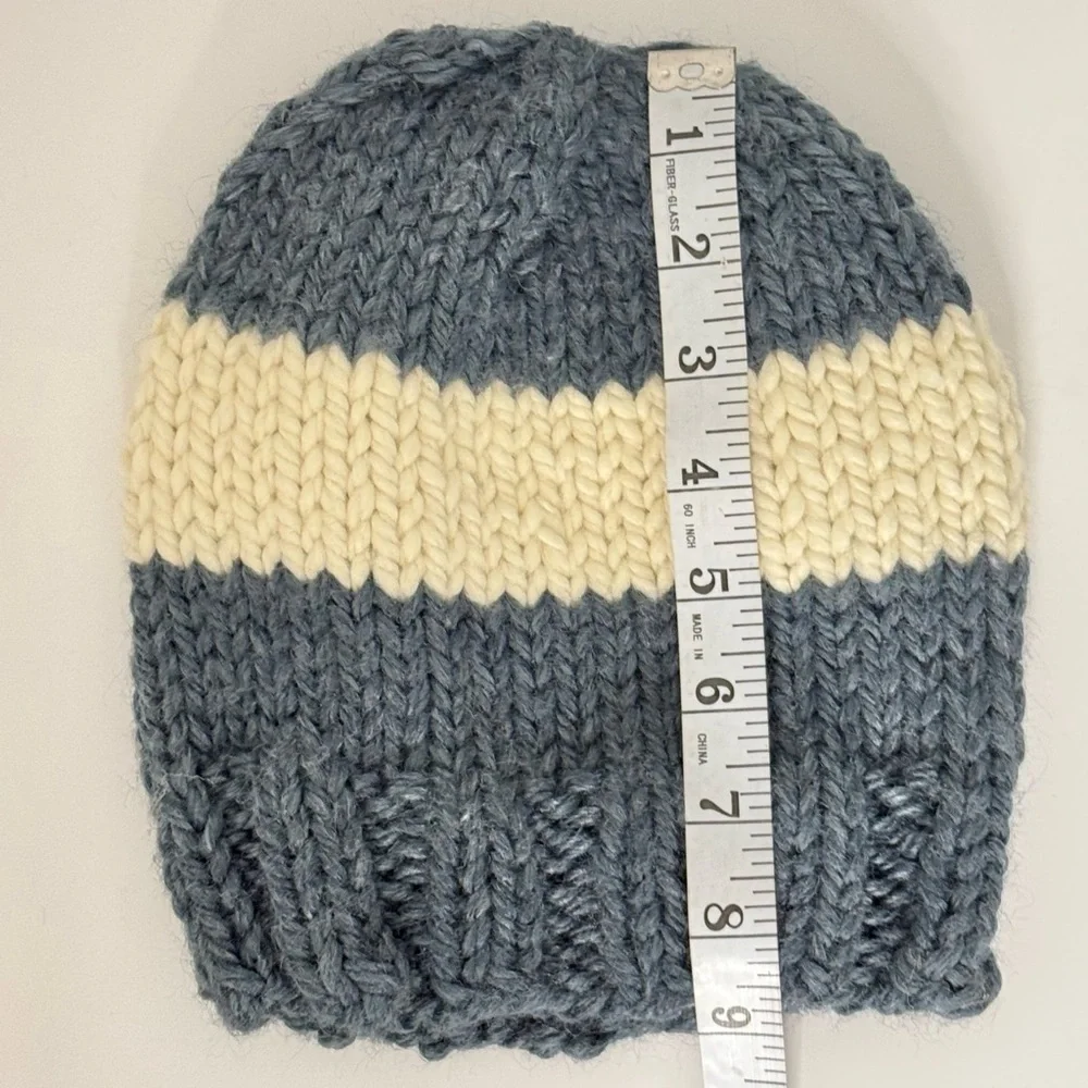 Handmade Knit Beanie – Blue & Cream Stripe